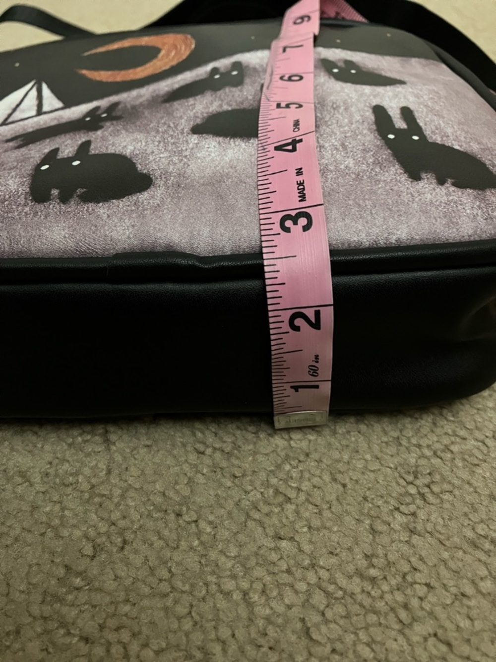 Goth Demon moon bunny crossbody bag, unique artsy design, macabre sketched art - Picture 7 of 15